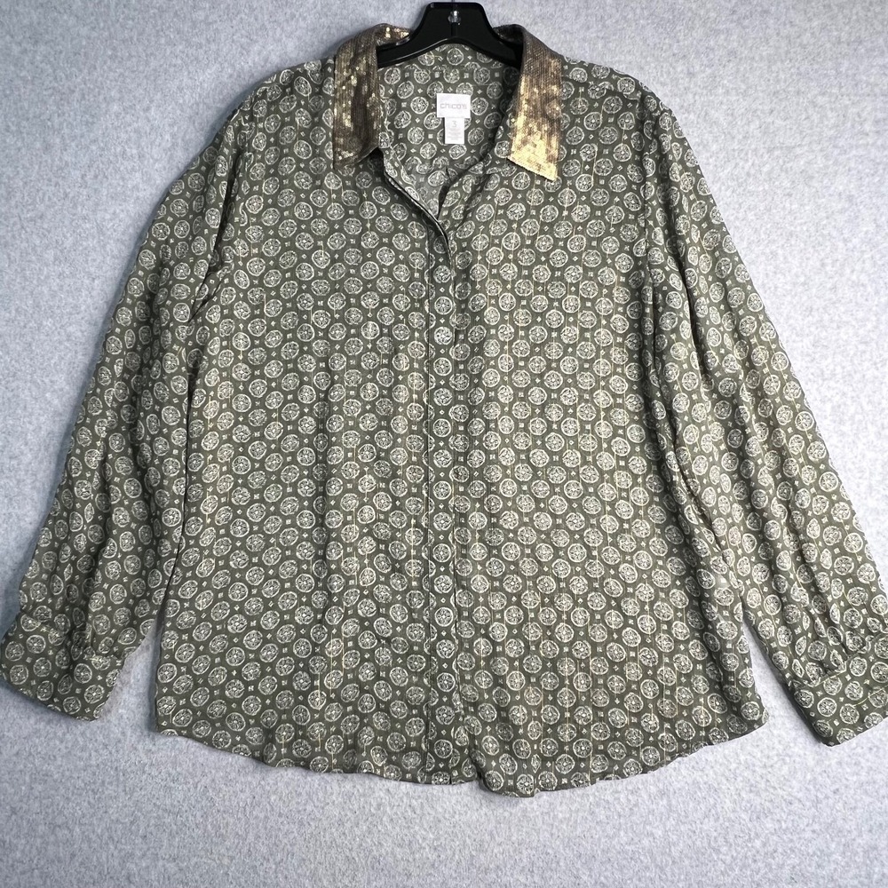 Chicos Long Sleeve Top Women's 3 (XL) Button Up Geometric Blouse Gold Sheer